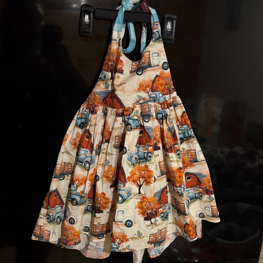 Girls' Autumn Farm Print Halter Dress - Cream & Orange